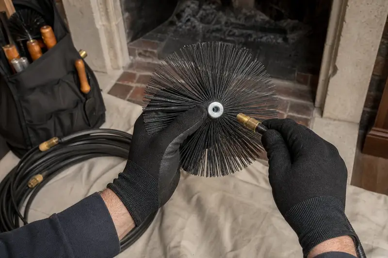 Gloved hands fitting a round wire brush onto a flexible rod at the hearth of an open masonry wood-burning fireplace; illustrative image