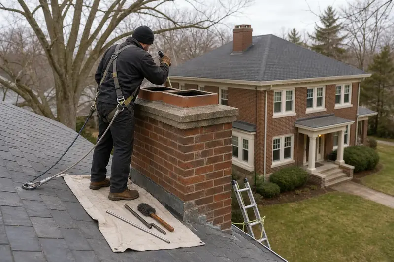 A harnessed technician examining the top of a two-flue brick chimney on a slate roof with a flashlight from a dry roof surface; illustrative image
