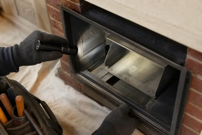 A flashlight beam across the smoke chamber and damper of a gas insert set in a brick opening, a gloved hand holding the light; illustrative image