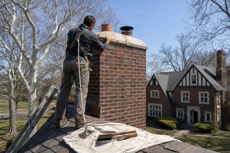 A harnessed mason measuring the crown of a red brick chimney with a concrete crown with a folding rule; illustrative image