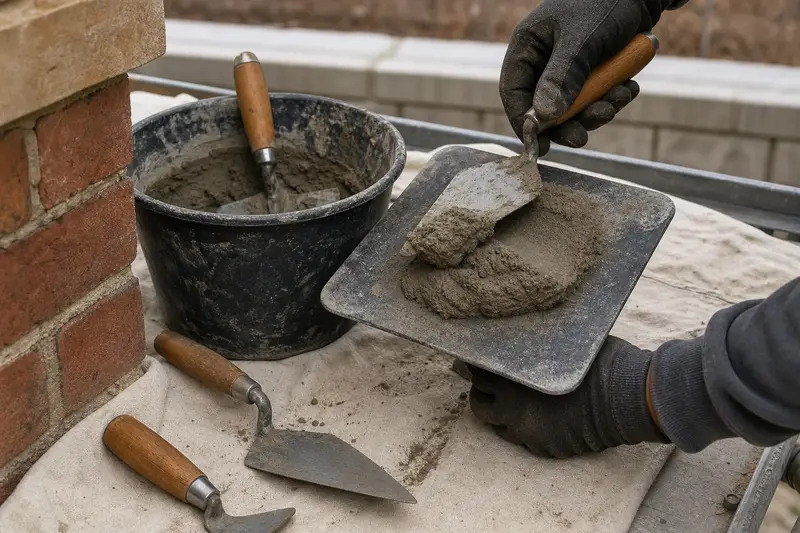 A mortar hawk, trowels and a bucket of mixed mortar set on a roof work platform; illustrative image