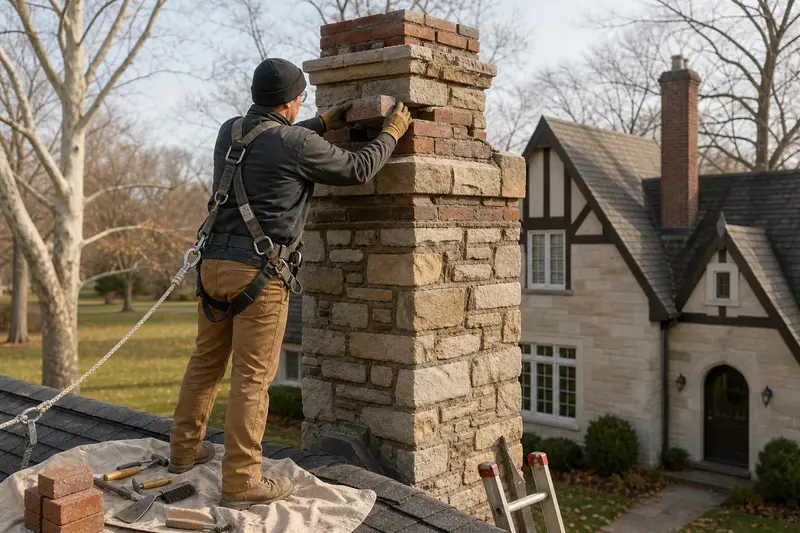 A harnessed mason setting a replacement brick near the top of a stone masonry chimney; illustrative image