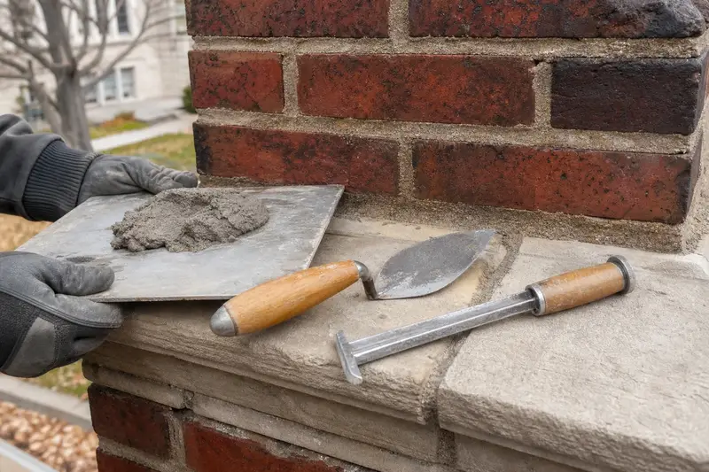 A mortar hawk, pointing trowel and jointer resting on sound brick at a chimney shoulder; illustrative image