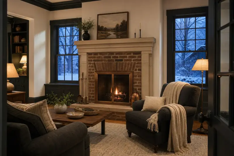 A cozy winter room with an open masonry wood-burning fireplace, glass doors closed and a wool throw on a chair; illustrative image