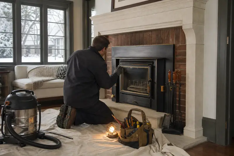A technician checking the glass door seal of a wood-burning insert in a brick opening, the fireplace cold; illustrative image