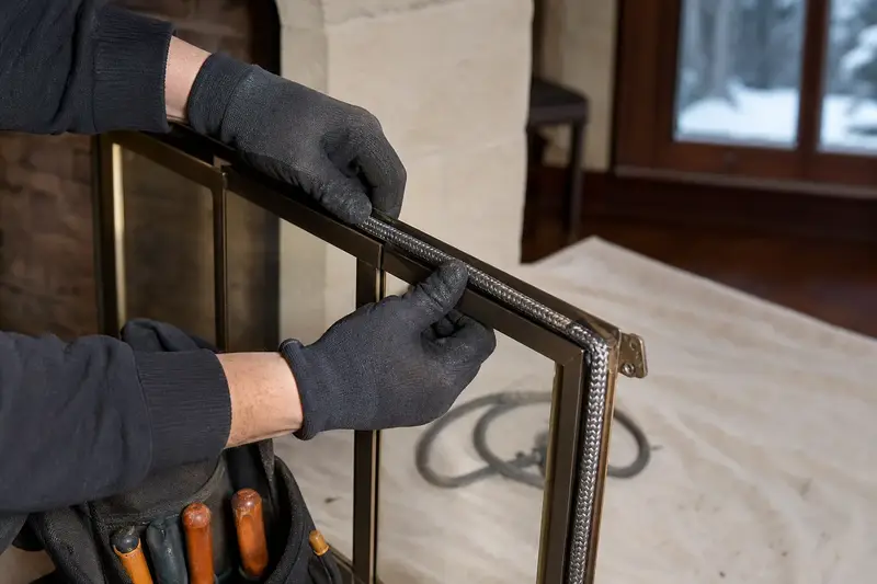 Gloved hands pressing a new gasket into glass fireplace doors; illustrative image