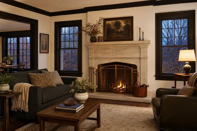 A quiet hearth room with an open masonry wood-burning fireplace and a garden view through the windows; illustrative image