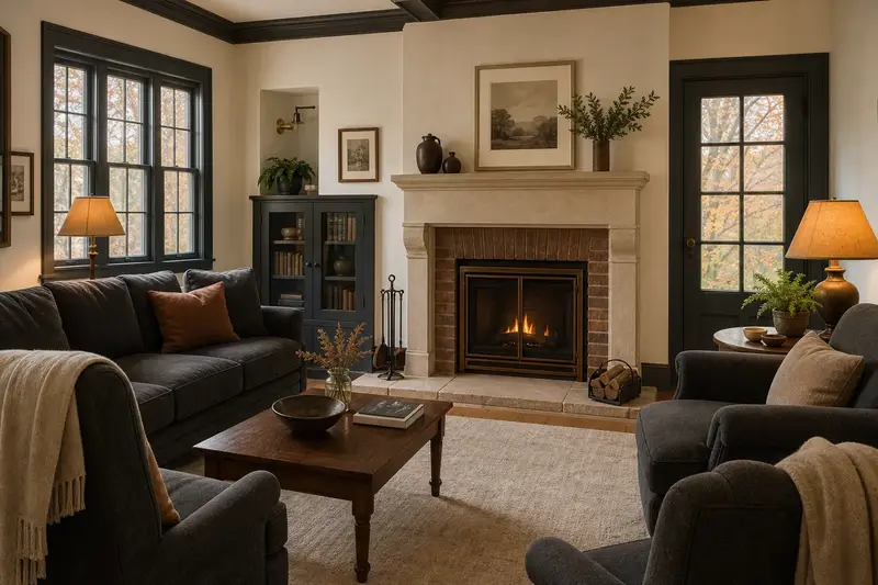 A warm living room with a direct-vent gas fireplace glowing softly behind its glass, no one present; illustrative image