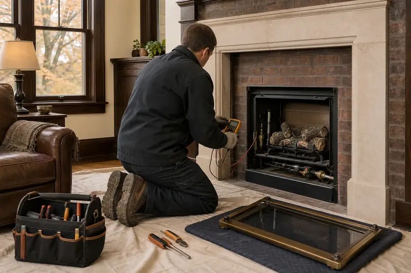 A technician kneeling at a gas insert set in a brick opening with the glass front removed, testing the controls with a multimeter; illustrative image