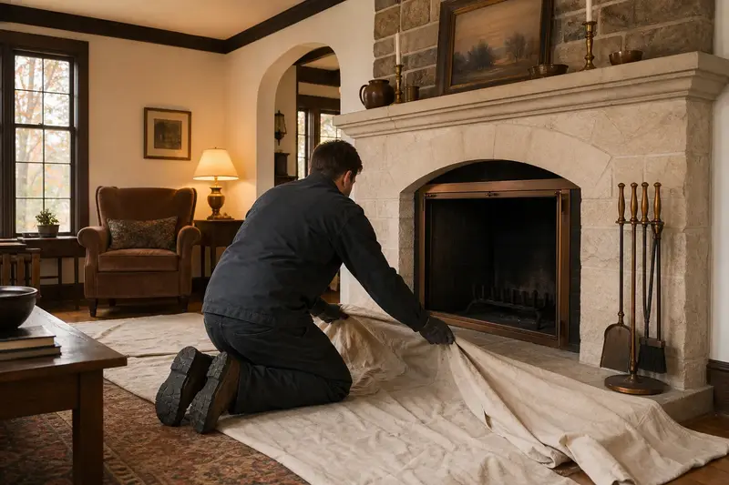 A technician laying drop cloths before servicing a factory-built wood-burning fireplace with a stone facing, the fireplace cold; illustrative image