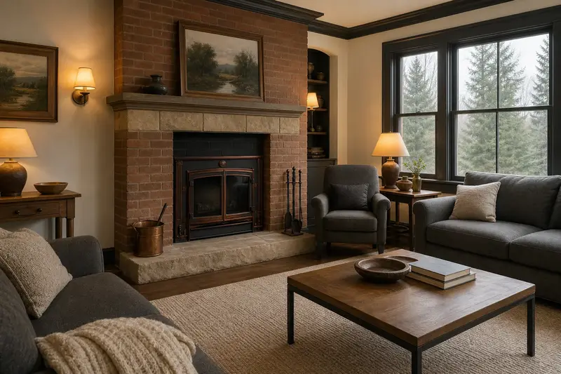 A calm hearth room with a wood-burning insert in a brick opening, glass doors closed and no fire; illustrative image