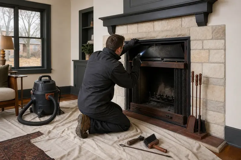 A technician checking the damper and smoke chamber of a factory-built wood-burning fireplace with a stone facing by flashlight, the fireplace cold; illustrative image