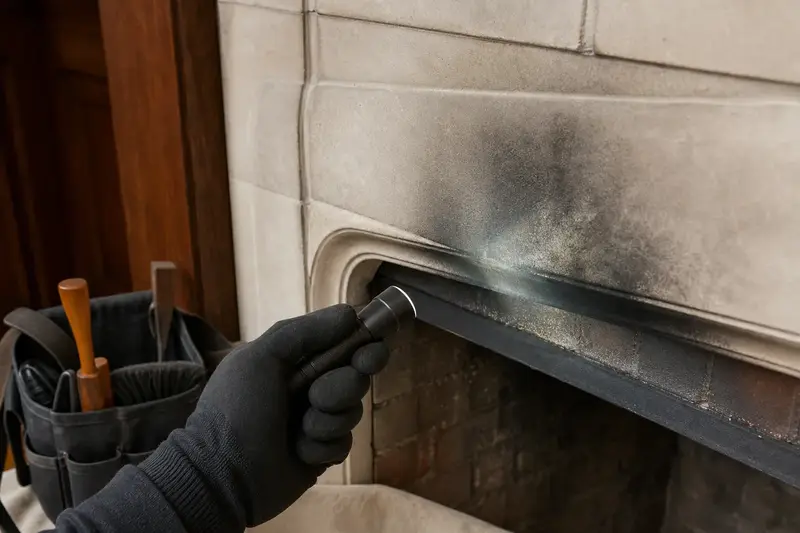 Soot marks above a fireplace opening lit by a flashlight, seen up close; illustrative image