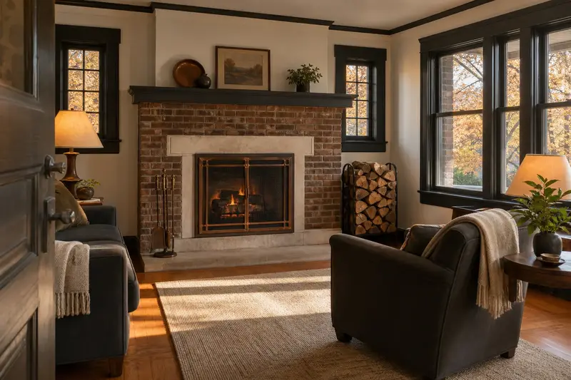 A hearth room with an open masonry wood-burning fireplace, split firewood in a steel rack and a clear hearth; illustrative image