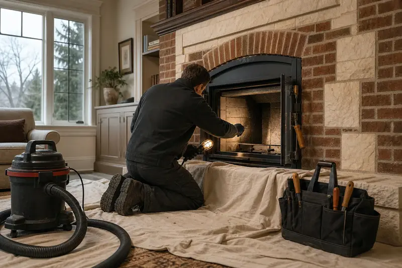 A technician checking the firebox walls of a wood-burning insert in a brick opening with a work light, a drop cloth on the hearth; illustrative image