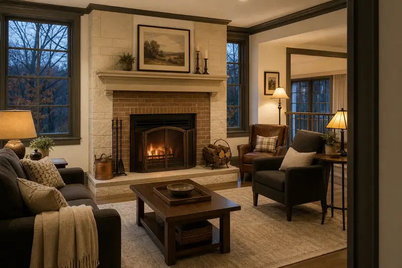 A living room with a wood-burning insert in a brick opening and a small fire behind a screen, no one present; illustrative image