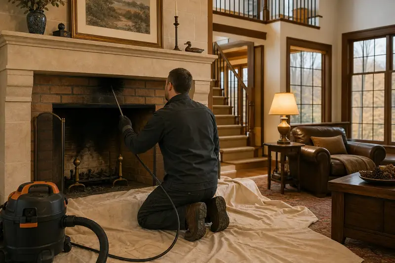 A technician feeding a rotary chimney brush up the flue of an open masonry wood-burning fireplace, drop cloths and a sealed vacuum on the hearth; illustrative image
