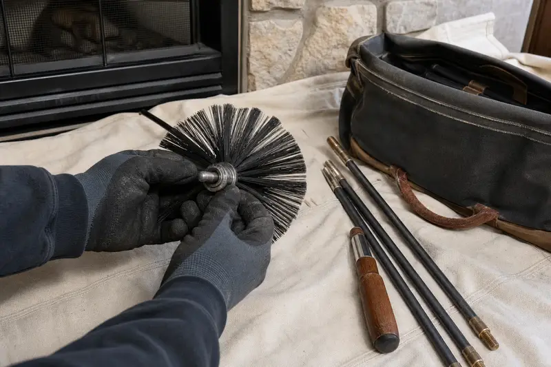 A rotary brush head and flexible rods laid on a canvas drop cloth beside a factory-built wood-burning fireplace with a stone facing; illustrative image
