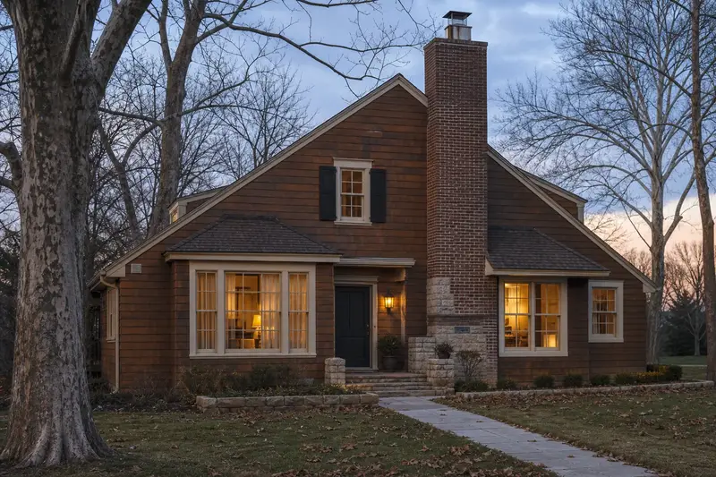 A 1980s cedar-sided contemporary house with a tall brick chimney on a steep gable roof and a stainless steel cap; illustrative image