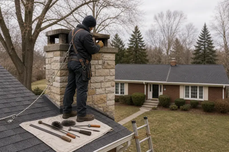 A harnessed technician examining the top of a stone masonry chimney with a flashlight from a dry roof surface; illustrative image