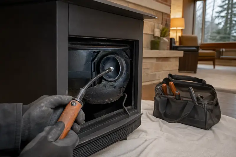 An inspection camera head on a flexible cable at the damper opening of a freestanding gas stove; illustrative image