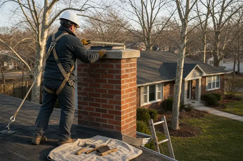A harnessed mason measuring the crown of a red brick chimney with a concrete crown with a folding rule; illustrative image