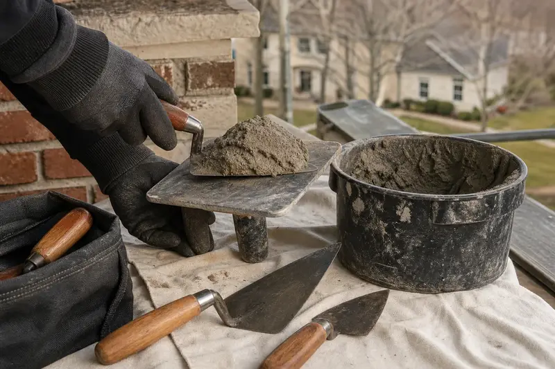 A mortar hawk, trowels and a bucket of mixed mortar set on a roof work platform; illustrative image