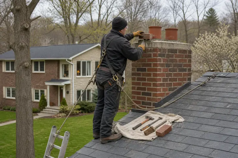 A harnessed mason setting a replacement brick near the top of a two-flue brick chimney on a slate roof; illustrative image