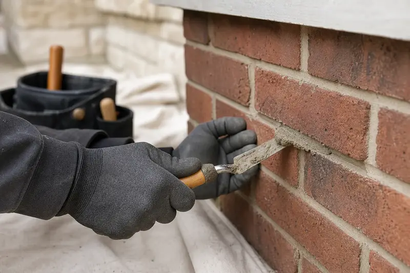 Gloved hands pressing fresh mortar into a raked joint with a tuckpointing trowel; illustrative image