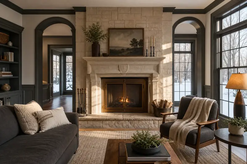 A cozy winter room with an open masonry wood-burning fireplace, glass doors closed and a wool throw on a chair; illustrative image
