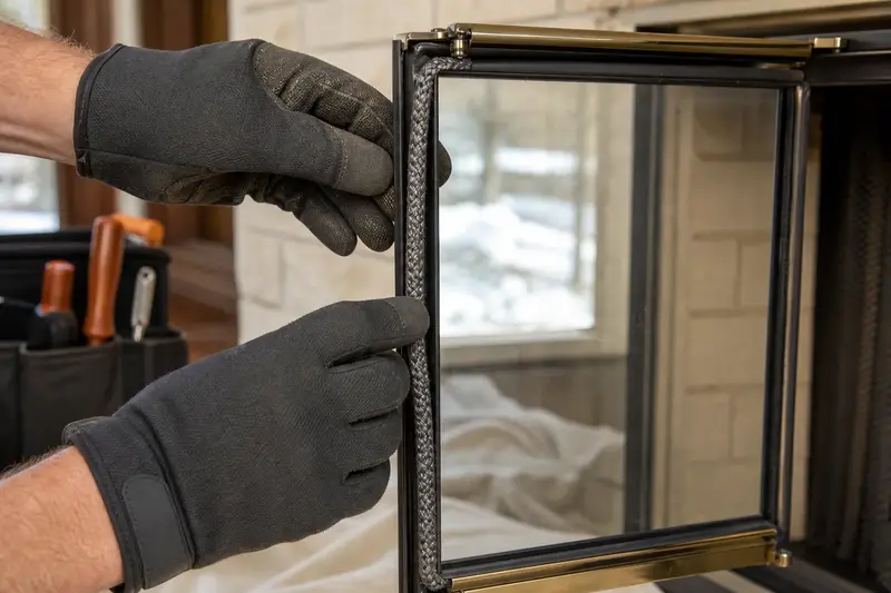 Gloved hands pressing a new gasket into glass fireplace doors; illustrative image