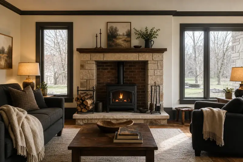 A lived-in family room with a freestanding gas stove, seasoned firewood and wool throws; illustrative image