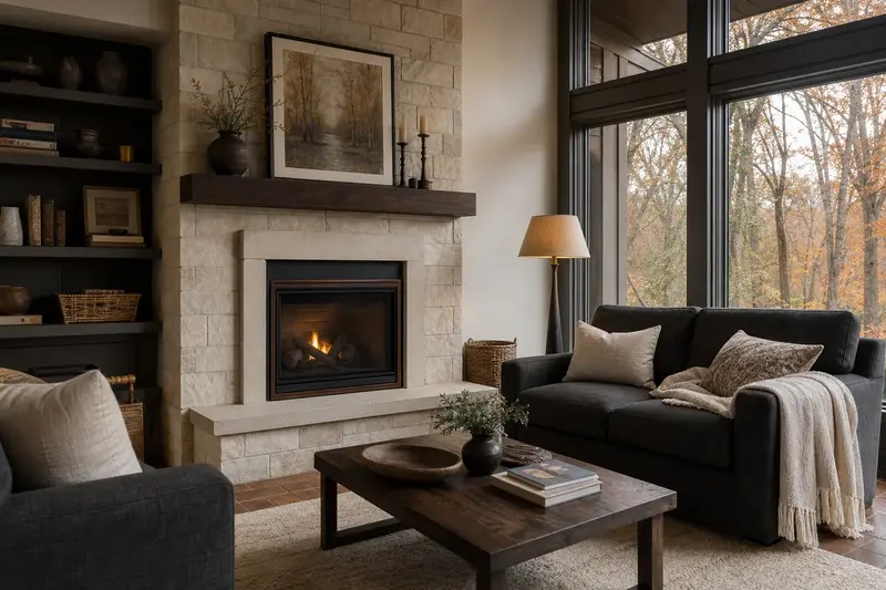A warm living room with a direct-vent gas fireplace glowing softly behind its glass, no one present; illustrative image