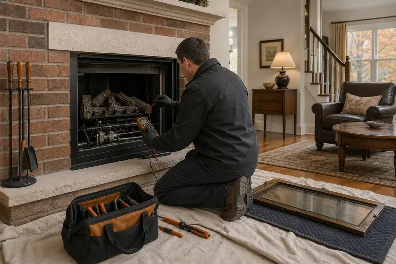 A technician kneeling at a gas insert set in a brick opening with the glass front removed, testing the controls with a multimeter; illustrative image