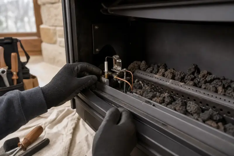 The burner, pilot assembly and ember bed inside a freestanding gas stove, unlit, seen up close; illustrative image