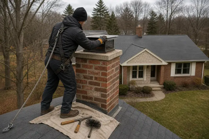 A harnessed technician checking the cap and crown of a tall brick chimney on a steep gable roof before the heating season; illustrative image
