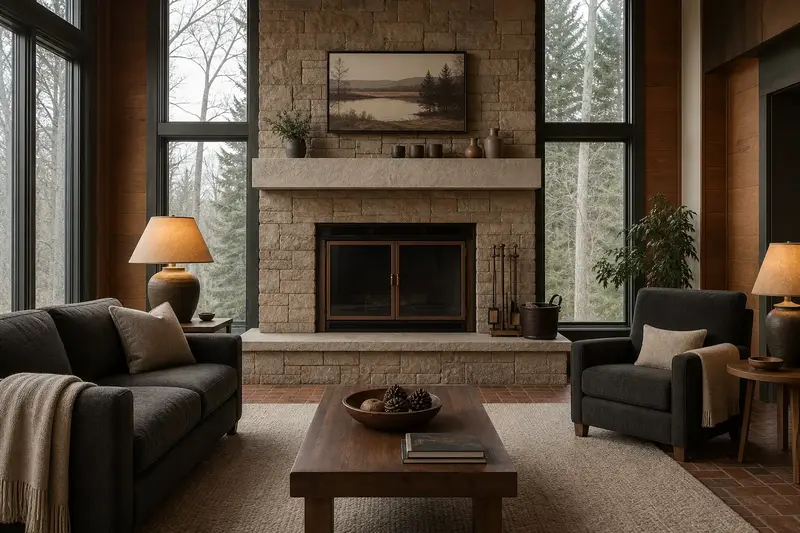 A calm hearth room with a factory-built wood-burning fireplace with a stone facing, glass doors closed and no fire; illustrative image