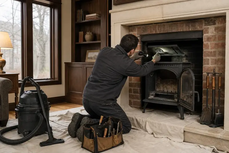 A technician checking the damper and smoke chamber of a cast-iron wood stove on a stone hearth pad by flashlight, the fireplace cold; illustrative image