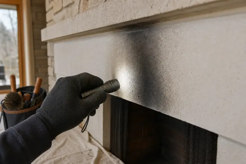 Soot marks above a fireplace opening lit by a flashlight, seen up close; illustrative image