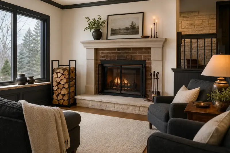 A hearth room with an open masonry wood-burning fireplace, split firewood in a steel rack and a clear hearth; illustrative image