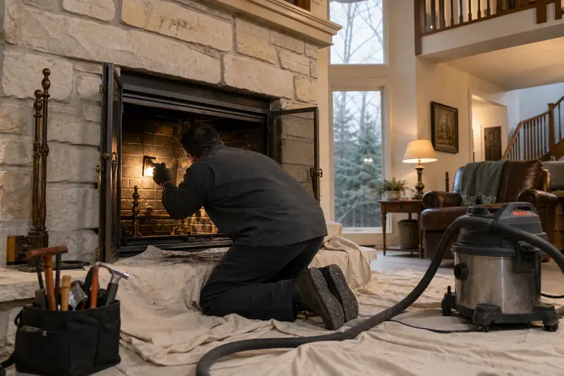 A technician checking the firebox walls of a factory-built wood-burning fireplace with a stone facing with a work light, a drop cloth on the hearth; illustrative image