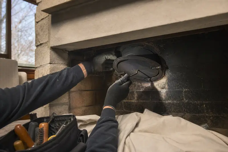 Gloved hands working a cast-iron damper plate inside a cold masonry firebox; illustrative image