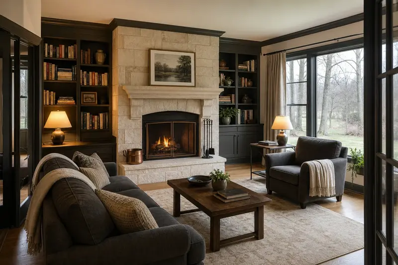 A lived-in family room with an open masonry wood-burning fireplace, books on built-in shelves and a lamp lit, no one present; illustrative image