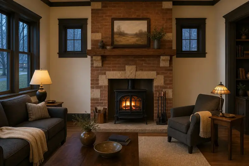 A hearth room with a cast-iron wood stove on a stone hearth pad, a clear hearth and soft window light; illustrative image