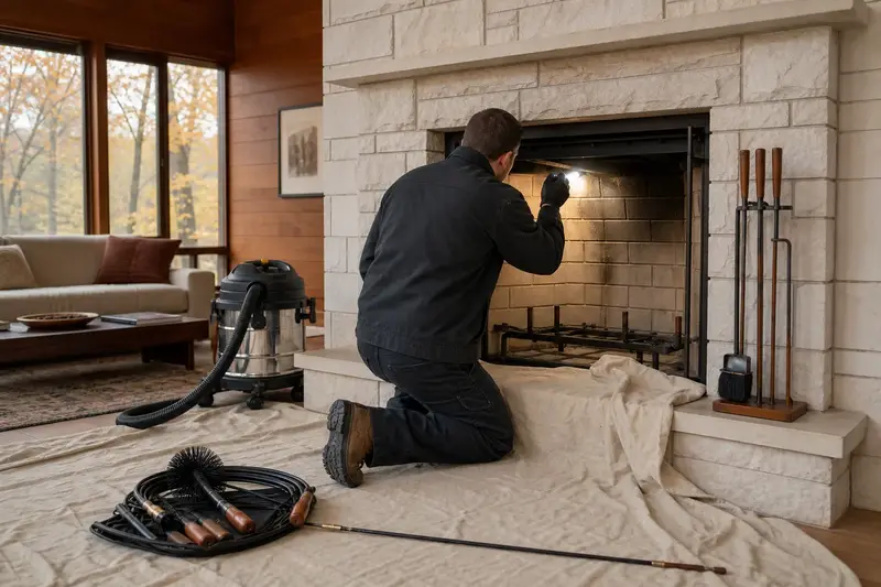 A technician holding an inspection light at a factory-built wood-burning fireplace with a stone facing, a brush kit waiting on the drop cloth; illustrative image