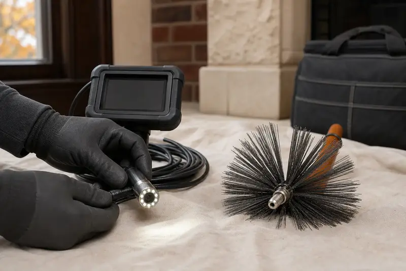 An inspection camera and a rotary chimney brush side by side on a drop cloth; illustrative image