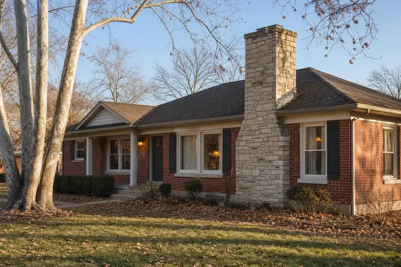 A 1960s brick-front ranch house showing a stone masonry chimney rising above the roof; illustrative image