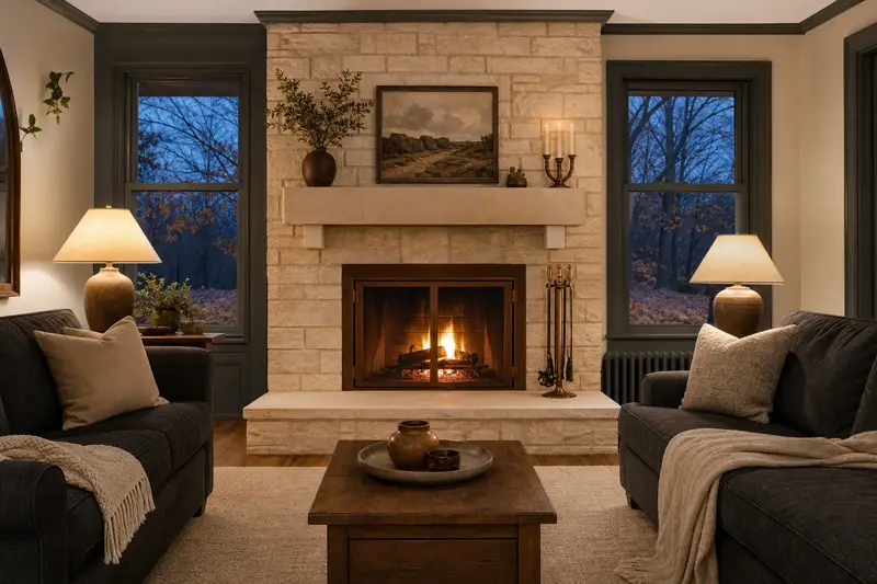 A living room with an open masonry wood-burning fireplace seen straight on, its opening, hearth and surround clear; illustrative image