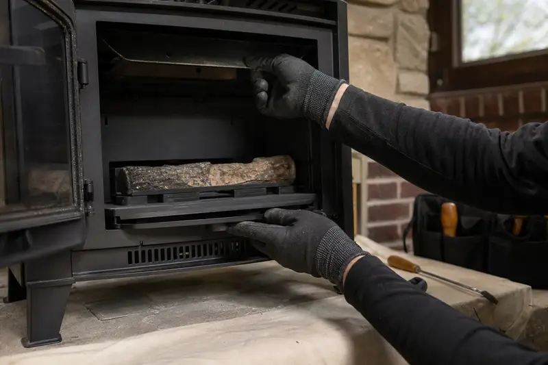 The firebox, damper and hearth of a freestanding gas stove, seen up close; illustrative image