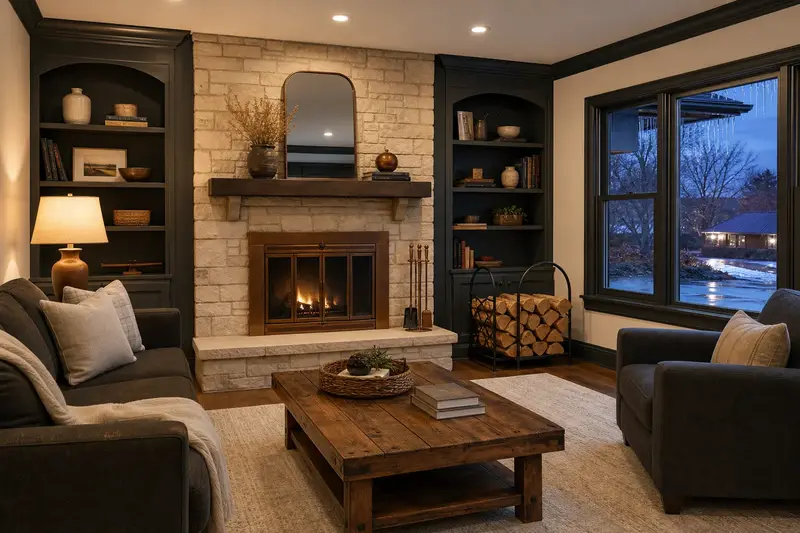 A prepared hearth room with a factory-built wood-burning fireplace with a stone facing, seasoned firewood in a rack and a clear hearth; illustrative image